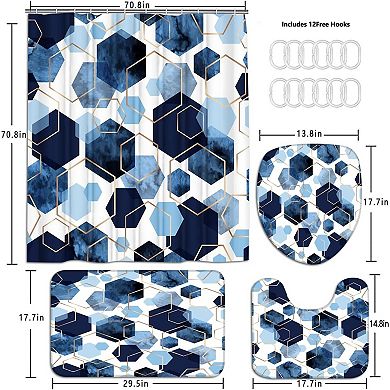 Blue Geometric Bathroom Set: Shower Curtain, Bath Mat & Toilet Rugs with 12 Hooks