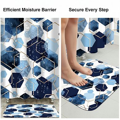 Blue Geometric Bathroom Set: Shower Curtain, Bath Mat & Toilet Rugs with 12 Hooks