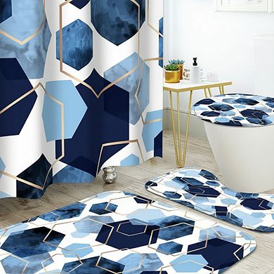 Blue Geometric Bathroom Set: Shower Curtain, Bath Mat & Toilet Rugs with 12 Hooks
