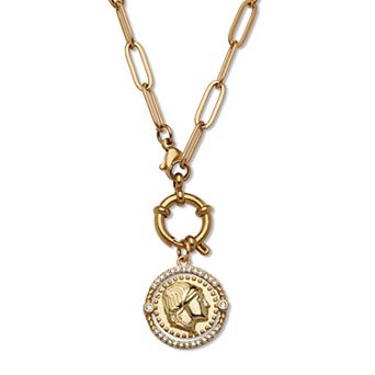 Crystal Coin Pendant Gold Ion-Plated Stainless Steel Necklace, 17 in