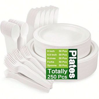 Compostable Party Utensils Set: Eco Friendly Disposable Plates, Forks, Knives, Spoons for Events