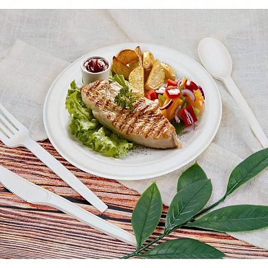 Compostable Party Utensils Set: Eco Friendly Disposable Plates, Forks, Knives, Spoons for Events