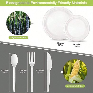 Compostable Party Utensils Set: Eco Friendly Disposable Plates, Forks, Knives, Spoons for Events