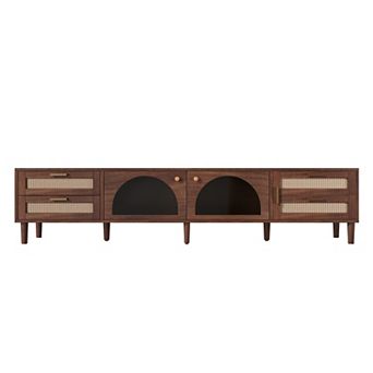 86" Cabinet TV Stand with LED App Control and 2 Drawers Glass Door