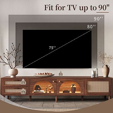 86" Cabinet TV Stand with LED App Control and 2 Drawers Glass Door