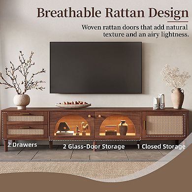 86" Cabinet TV Stand with LED App Control and 2 Drawers Glass Door