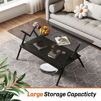 KWPZQEB 38.6Inch Modern Tempered Glass Rectangle Coffee Table for Living Room, 2 Tier