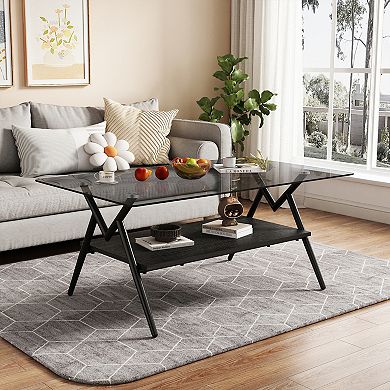 KWPZQEB 38.6Inch Modern Tempered Glass Rectangle Coffee Table for Living Room, 2 Tier