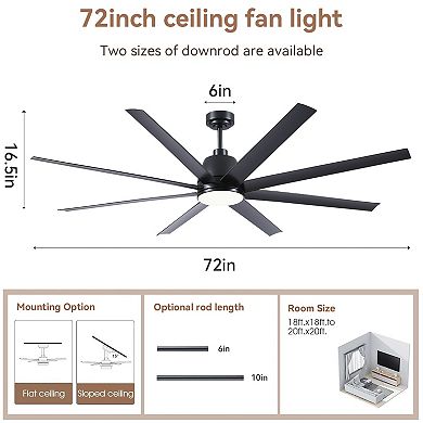72" Industrial Ceiling Fan with Light, 8 Blade Quiet DC Motor Remote Control