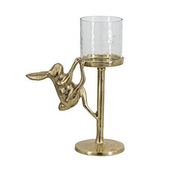 TOEMOA Metallic Gold Glass Hurricane Pillar Candle Holder with Bunny Accent