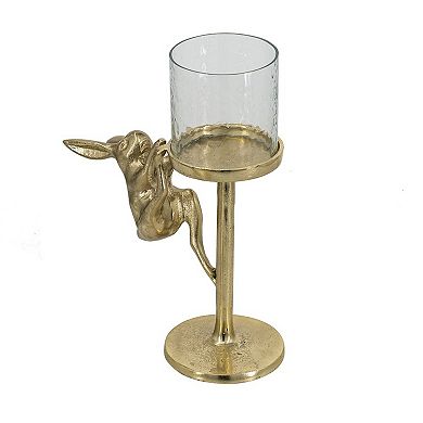 TOEMOA Metallic Gold Glass Hurricane Pillar Candle Holder with Bunny Accent
