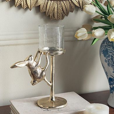 TOEMOA Metallic Gold Glass Hurricane Pillar Candle Holder with Bunny Accent