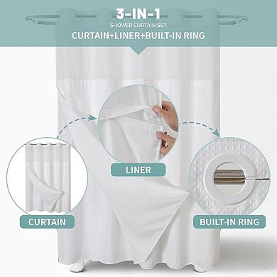 White No Hook Waffle Weave Shower Curtain with Snap-In Liner 71x74 Inch