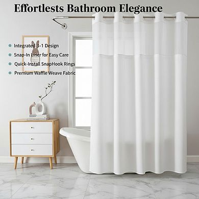 White No Hook Waffle Weave Shower Curtain with Snap-In Liner 71x74 Inch