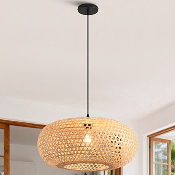 22" Bohemian Natural Bamboo Handmade Round Chandelier 1-Light Pendant Light