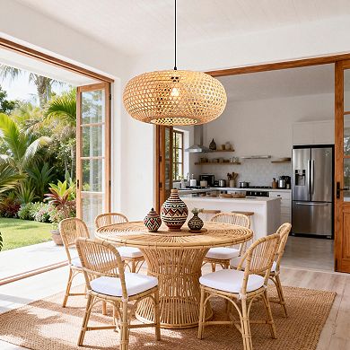 22" Bohemian Natural Bamboo Handmade Round Chandelier 1-Light Pendant Light