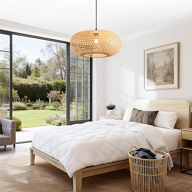 22" Bohemian Natural Bamboo Handmade Round Chandelier 1-Light Pendant Light