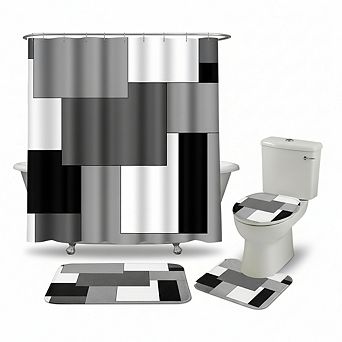 4 pc Grey Geometric Bathroom Set with Shower Curtain Toilet Cover & Rugs Black White Checkered
