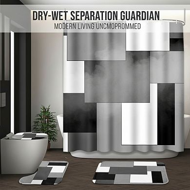 4-Pc Grey Geometric Bathroom Set with Shower Curtain Toilet Cover & Rugs Black White Checkered