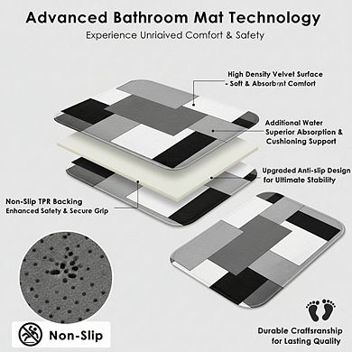 4-Pc Grey Geometric Bathroom Set with Shower Curtain Toilet Cover & Rugs Black White Checkered