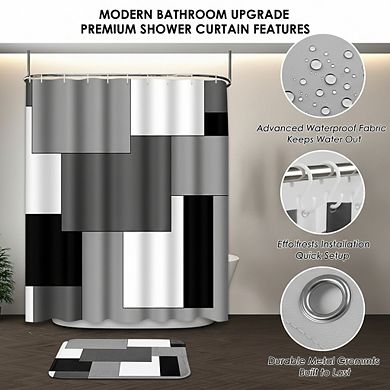 4-Pc Grey Geometric Bathroom Set with Shower Curtain Toilet Cover & Rugs Black White Checkered