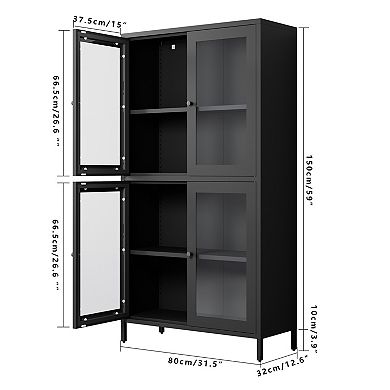 CEWOR Classic Storage Cabinet Display Cabinet, 4 Doors & 4 Adjustable Shelves, Flat