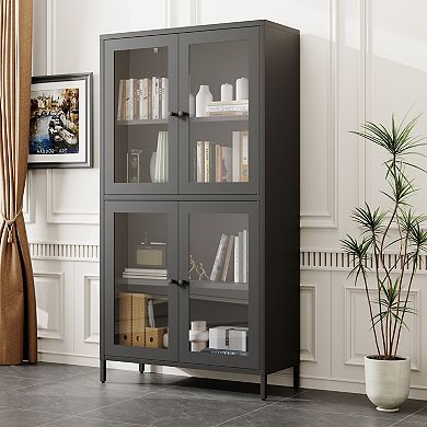 CEWOR Classic Storage Cabinet Display Cabinet, 4 Doors & 4 Adjustable Shelves, Flat