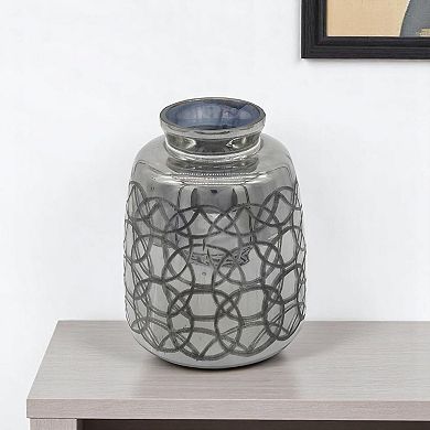HomeRoots 9" Dark Gray Geometric Etched Glass Table Vase