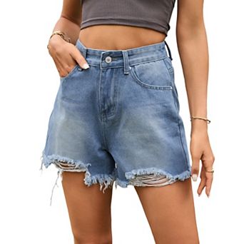 Women's High Waist Ripped Denim Shorts Frayed Summer Jean Shorts With Pockets