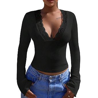 Women's V-Neck Lace Trim Long Sleeve Top Slim Fit Flare Cuff Crop Top Casual Blouse