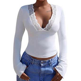 Women's V-Neck Lace Trim Long Sleeve Top Slim Fit Flare Cuff Crop Top Casual Blouse