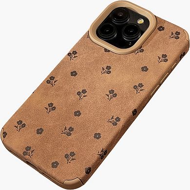 Faux Leather Phone Case with Floral Pattern Textured Finish Protective Cover
