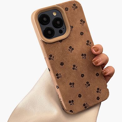 Faux Leather Phone Case with Floral Pattern Textured Finish Protective Cover