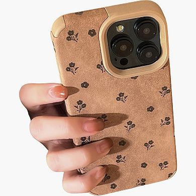 Faux Leather Phone Case with Floral Pattern Textured Finish Protective Cover