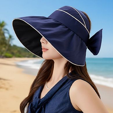 Womens Wide Brim Sun Hat Breathable Summer Beach Hat with Bow Detail and Ponytail Opening