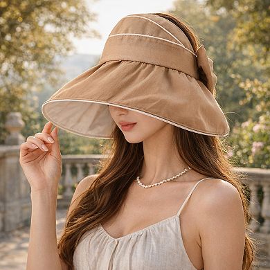 Womens Wide Brim Sun Hat Breathable Summer Beach Hat with Bow Detail and Ponytail Opening