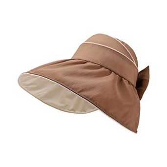 Womens Wide Brim Sun Hat Breathable Summer Beach Hat with Bow Detail and Ponytail Opening