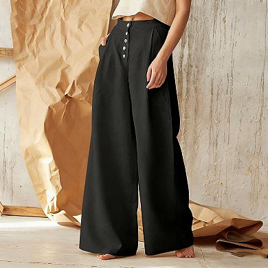 Women's High-Waisted Linen Wide-Leg Pants with Pockets