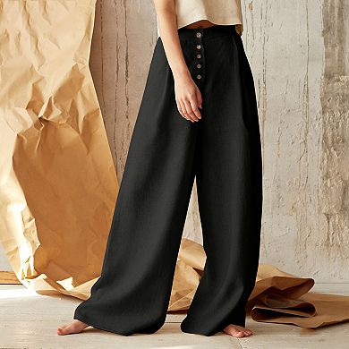 Women's High-Waisted Linen Wide-Leg Pants with Pockets
