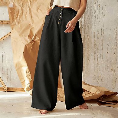 Women's High-Waisted Linen Wide-Leg Pants with Pockets