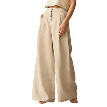 Women's High-Waisted Linen Wide-Leg Pants with Pockets