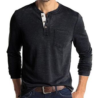 Men's Long Sleeve Henley Shirts Casual Basic Pullover T-Shirt with Pocket and Button Placket