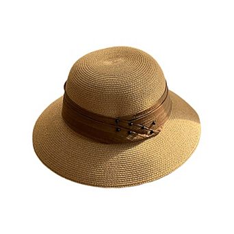 Womens Straw Sun Hat with Pearl Accent Band Lightweight Summer Beach Travel Hat