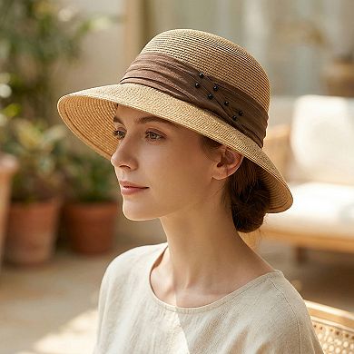 Womens Straw Sun Hat with Pearl Accent Band Lightweight Summer Beach Travel Hat
