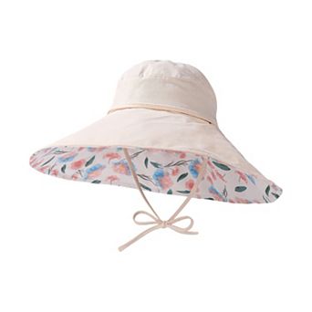 Womens Wide Brim Sun Hat with Floral Lining Ponytail Opening Lightweight Packable Beach Hat
