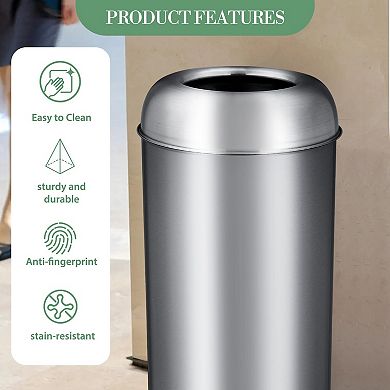 17 Gal/65L Stainless Steel Commercial Trash Can - Heavy-Duty Open-Top Waste Bin