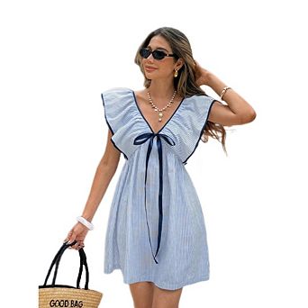 Women's Cap Sleeve Ruffle V Neck Dress Knot Front Flowy Mini Printed Cute