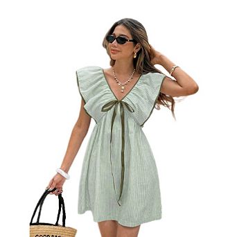 Women's Cap Sleeve Ruffle V Neck Dress Knot Front Flowy Mini Printed Cute