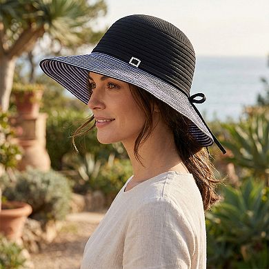 Womens Wide Brim Straw Sun Hat with Contrast Stripe Brim Bow Detail Lightweight Beach Hat