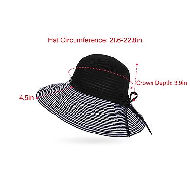 Womens Wide Brim Straw Sun Hat with Contrast Stripe Brim Bow Detail Lightweight Beach Hat